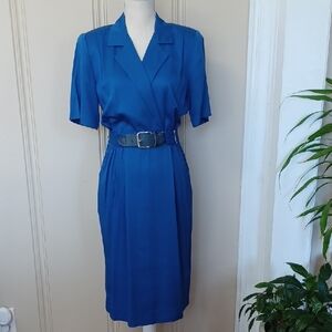 Vintage Saks Fifth Avenue Royal Blue Belted Short Sleeve Midi Dress With Pockets